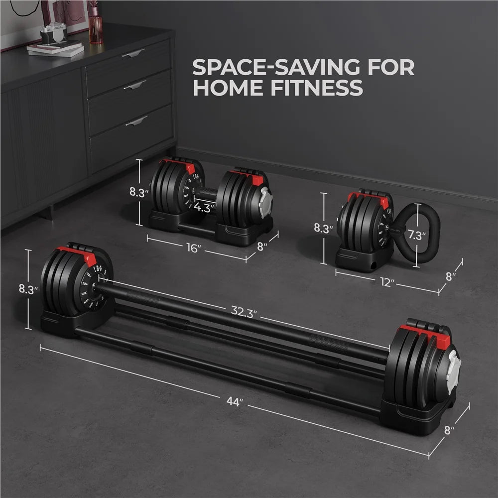 Adjustable Anti-Slip 3-In-1 Nylon Dumbbell Weight Set, 7-52.5Lbs, (Black & Red)