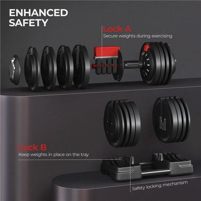 Adjustable Anti-Slip 3-In-1 Nylon Dumbbell Weight Set, 7-52.5Lbs, (Black & Red)