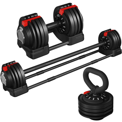 Adjustable Anti-Slip 3-In-1 Nylon Dumbbell Weight Set, 7-52.5Lbs, (Black & Red)