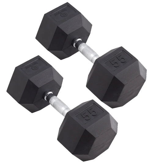 Rubber Encased Hex Dumbbell - Set of Two - Black/Metal - 55 Pounds