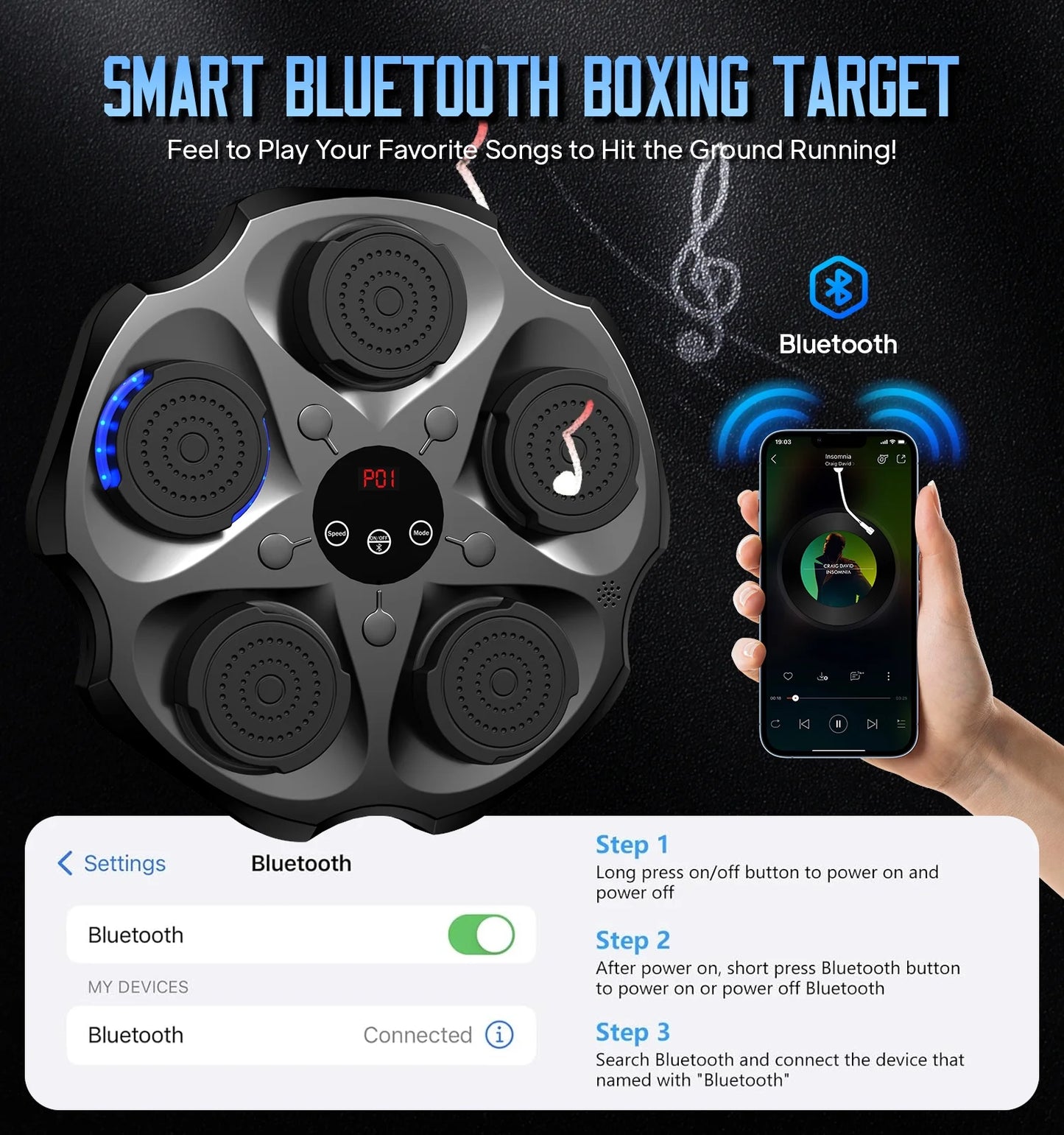 Pooboo Music Boxing Machine with Boxing Gloves, Wall Mounted Smart Bluetooth Music Boxing Trainer, Electronic Boxing Target Workout Punching Equipment for Home, Indoor and Gym