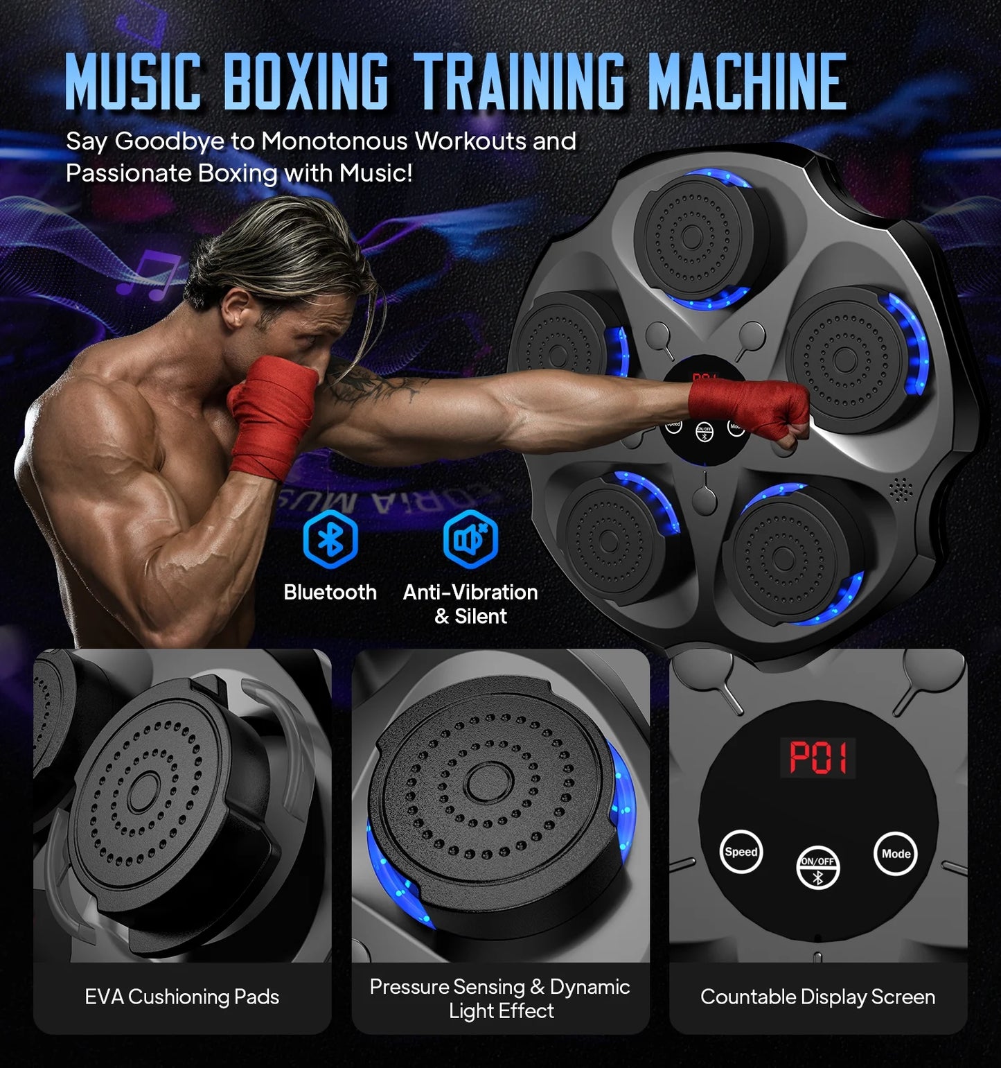 Pooboo Music Boxing Machine with Boxing Gloves, Wall Mounted Smart Bluetooth Music Boxing Trainer, Electronic Boxing Target Workout Punching Equipment for Home, Indoor and Gym